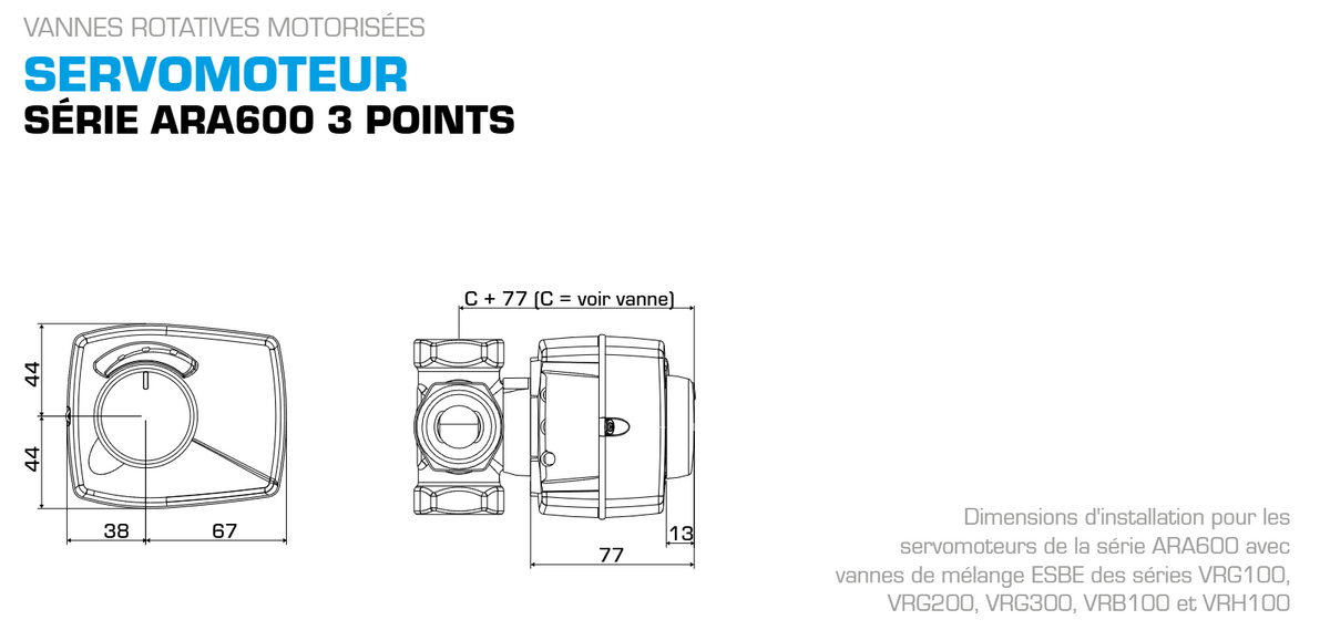 Plan coté – Servomoteur ESBE série ARA600