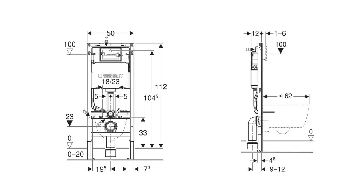 Plan coté – Bâti-support Geberit Duofix Basic 112 cm